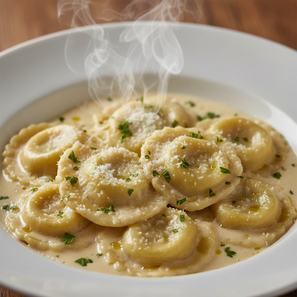 High Protein cheese Ravioli in Alfredo Sauce