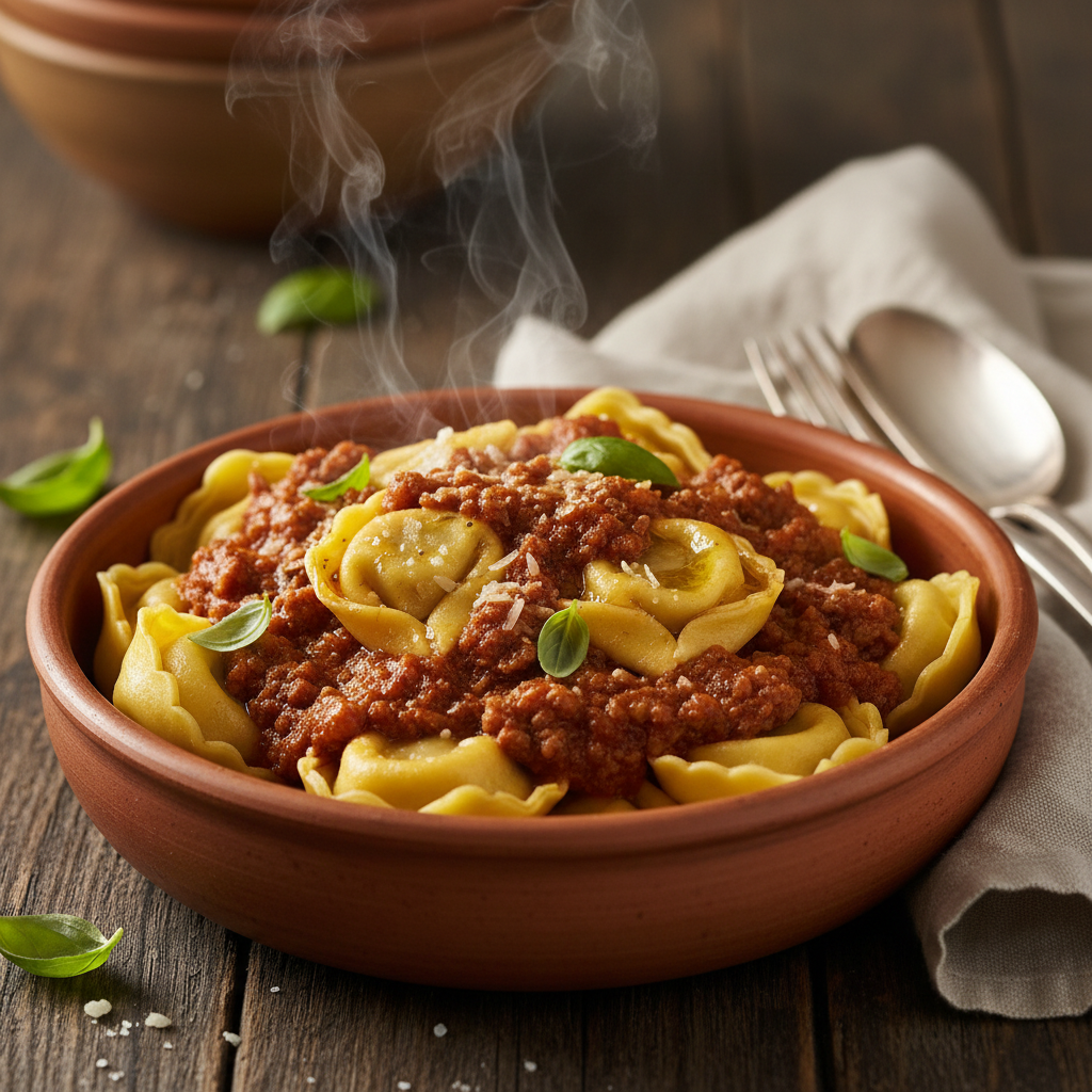 High protein meat tortellini in meat sauce